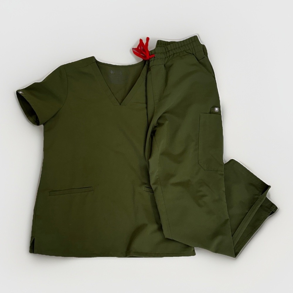Figs Dark Olive Set V-neck Top Cargo Bottoms EUC PO# 2043